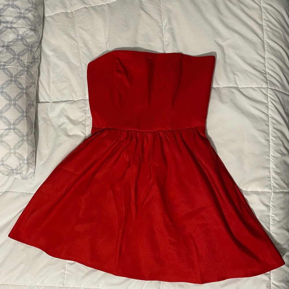 Red strapless zip up dress